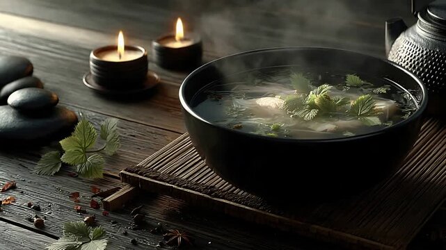 Steaming Bowl of Pho Soup with Candles and Spa Stones on Rustic Table.