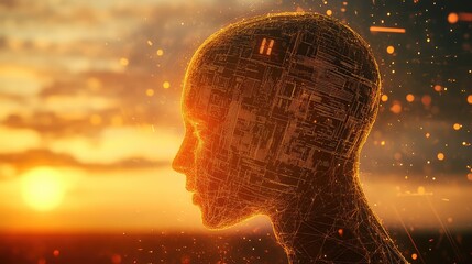 Artificial intelligence brain thinking at sunset with data particles