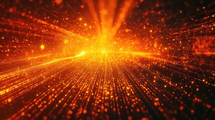 Glowing particles radiating into a bright digital data space