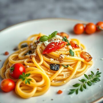 Gourmet pasta dish with al daintily arranged ingredients, a culinary masterpiece,  preparation,  restaurant quality