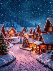 Snowy Christmas village aglow with twinkling lights and sparkling decorations, winter,  village