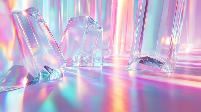 Iridescent crystal structures creating abstract reflective light patterns