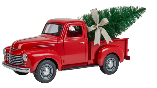 Vintage red truck carrying fresh Christmas tree with festive ribbon