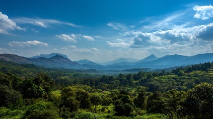 Fototapeta premium Discovering Lush Green Valley with Mountains Landscape Under Cloudy Blue Sky