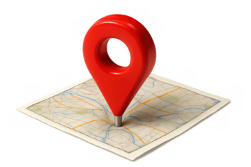 Red map marker pin locating a global position on a stylized map for navigation and travel planning