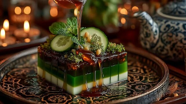 Pouring Sweet Honey Syrup Over Refreshing Layered Green and White Dessert.