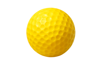 A bright yellow golf ball featuring a textured dimple pattern covering the entire spherical surface of the classic sports equipment isolated on transparent background