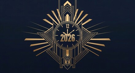Art deco style golden sunburst radiating from a clock face showing 2026, set against a dark blue background, evoking elegance and the future