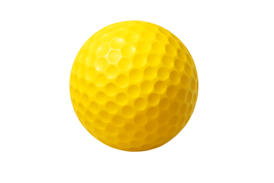 A bright yellow golf ball featuring a textured dimple pattern covering the entire spherical surface of the classic sports equipment isolated on transparent background