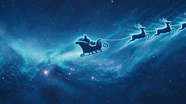 Santas Sleigh and Reindeer Flying Through the Night Sky.
