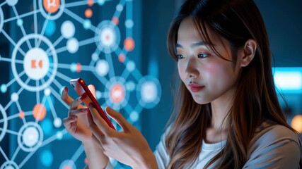 Young woman holding smartphone interacting with digital network interface, social media technology communication concept, futuristic innovation - Powered by Adobe