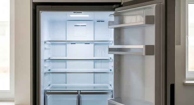 "Empty fridge with open door showing bare shelves, clean kitchen appliance interior, minimalist lifestyle, organized home kitchen, modern refrigerator, food storage, energy-efficient fridge, unclutter