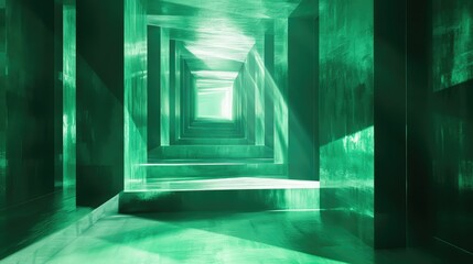 Green abstract tunnel with light and geometric shapes