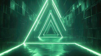 Abstract futuristic tunnel with glowing green neon triangles