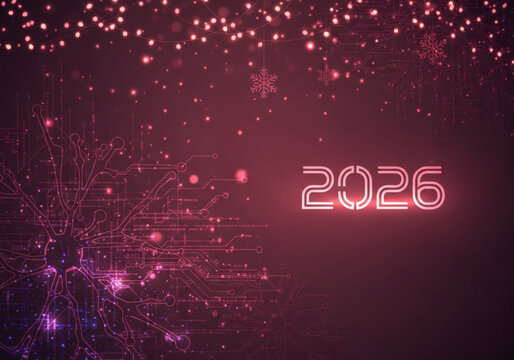 Merry Christmas and Happy New Year 2026, Abstract Red Circuit Board Vector Illustration. Abstract Technology Christmas and New Year Background, Modern Digital Greeting Card.  Red Tech Background .