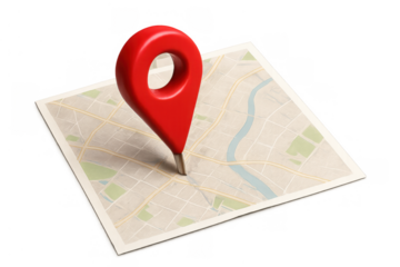 Red map pin stands on a detailed paper street map, marking a specific location point, navigation path, and important address