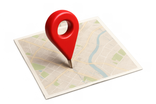 Red map pin stands on a detailed paper street map, marking a specific location point, navigation path, and important address - Powered by Adobe