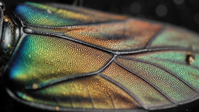 Macro Photography of a Jewel Beetle's Iridescent Wing Showing Detailed Textures and Colors