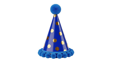 Blue polka dot party hat with pom poms isolated on transparent background