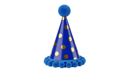 Blue polka dot party hat with pom poms isolated on transparent background