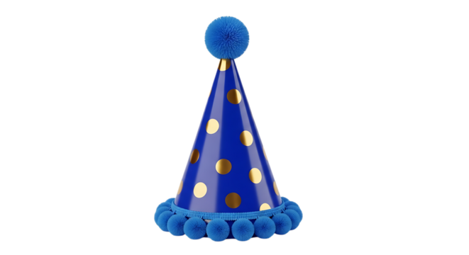 Blue polka dot party hat with pom poms isolated on transparent background