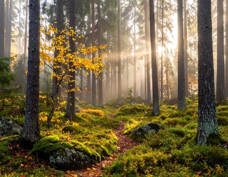 Sun rays stream through a misty forest path in autumnal season