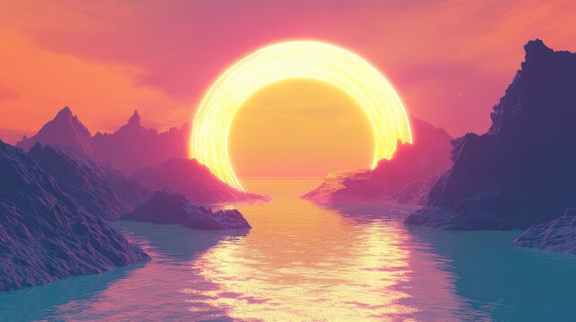 Retro futuristic sunset over alien planet landscape