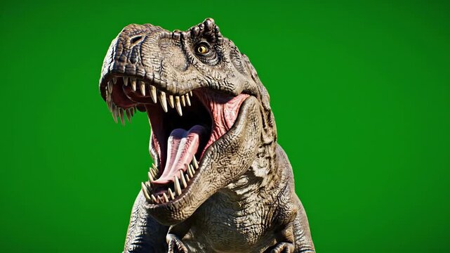 Close-up of a fearsome Tyrannosaurus Rex dinosaur roaring, with its mouth open wide against a green screen backdrop, ready for visual effects and animation