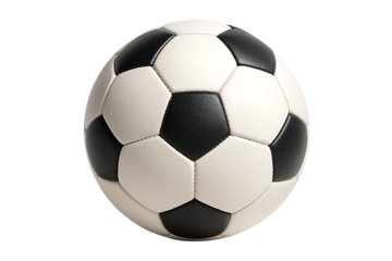Classic black and white soccer ball, featuring the recognizable pentagonal and hexagonal panel pattern in a perfect spherical shape isolated on transparent background