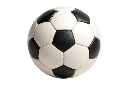 Classic black and white soccer ball, featuring the recognizable pentagonal and hexagonal panel pattern in a perfect spherical shape isolated on transparent background