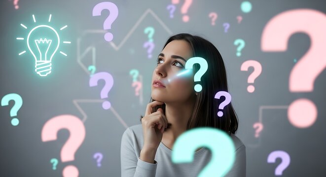 Pensive woman surrounded by question marks and a light bulb concept for ideas and problem solving on a gray background