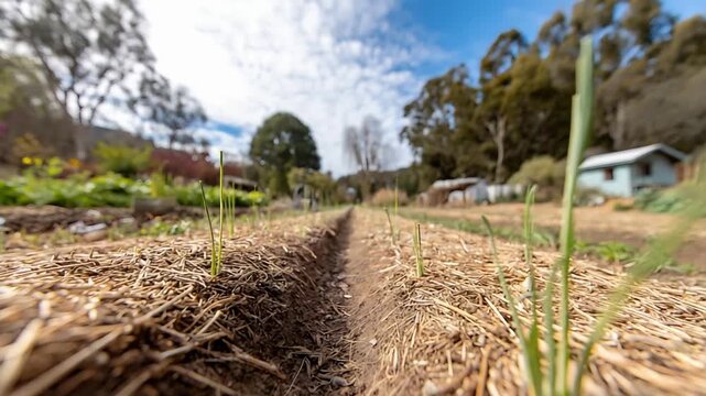 Young sprouts emerge from mulched garden bed under a bright cloudy sky.