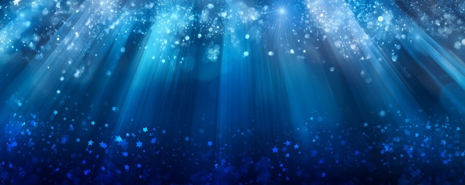 Abstract blue background with sparkling lights and star accents, concept for festive celebration, underwater scene and magical effect
