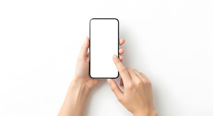 Female hands holding a smartphone with a blank white screen finger touching the display isolated on a white background