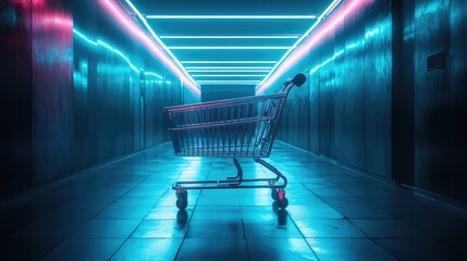 Empty shopping cart in futuristic neon illuminated hallway