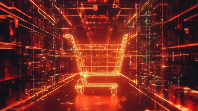 Digital shopping cart navigating futuristic e commerce tunnel