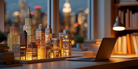 Miniature city skyline model with illuminated windows on a desk near a laptop and out-of-focus cityscape, concept for real estate development, urban planning and architecture visualization