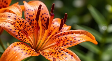 Close-up of a vibrant orange tiger lily with intricate patterns.