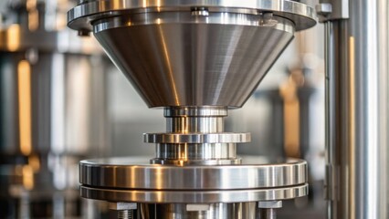 Close-up of a shiny, metallic industrial machine component with a conical shape, showcasing precision engineering and modern design.