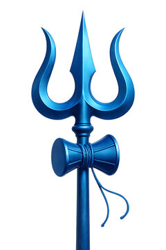 A blue metallic trishula or trident with damaru of lord shiva isolated on transparent background