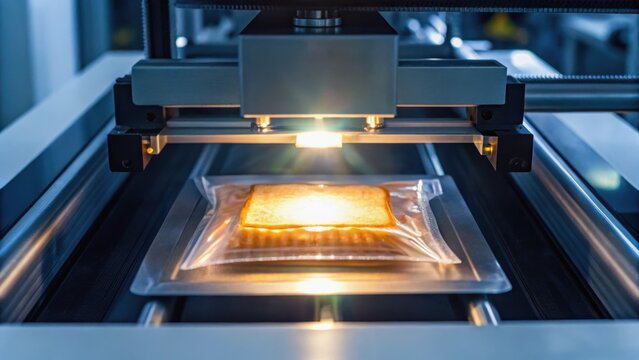 A food packaging machine processes a sealed pouch, illuminated by a light source in a modern industrial setting.