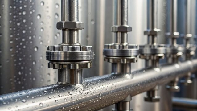 Metal pipes with valves and water droplets showcase industrial design and functionality in a close-up view.