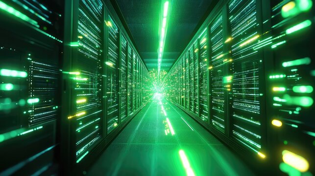 Data center server racks processing digital information with green light streams