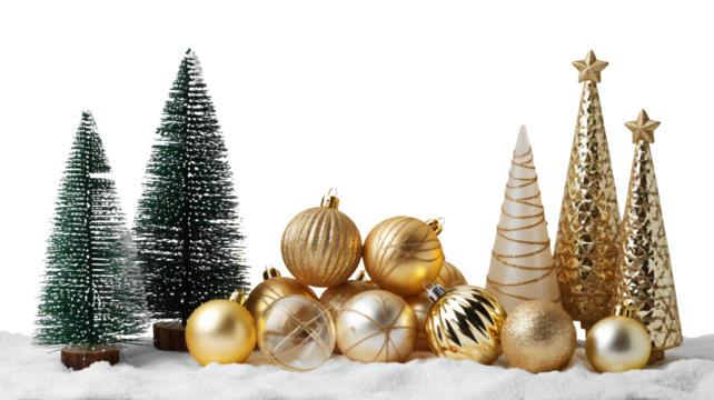 Festive holiday scene with Christmas trees and golden ornaments on snow