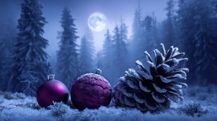 Magical winter forest scene with frosted pinecone and festive christmas ornaments under a glowing full moon
