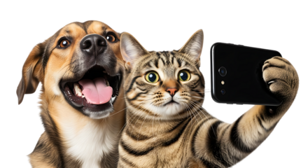 Funny cat and dog taking a selfie together isolated on transparent background
