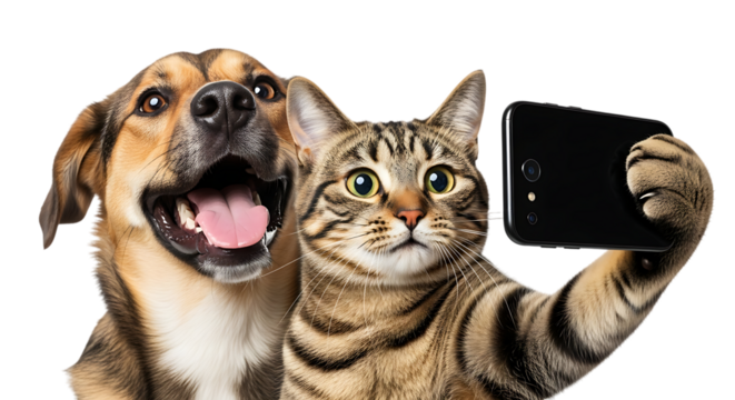Funny cat and dog taking a selfie together isolated on transparent background