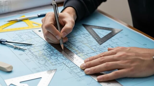 Architects hands drawing blueprints with tools and precision on a desk.