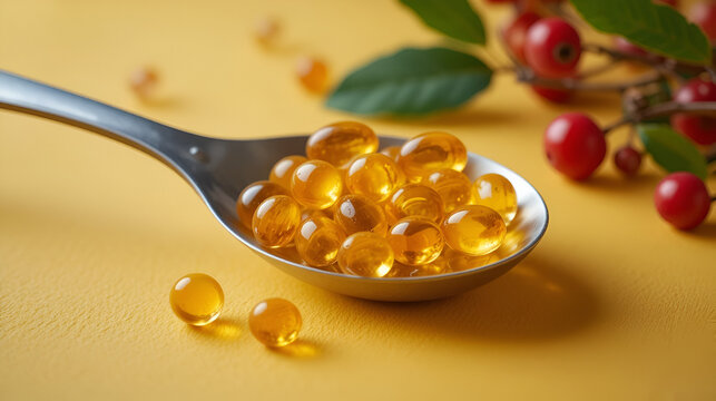 Vitamin coenzyme Q10 pills on a spoon. Yellow background with berries. Seasonal beriberi