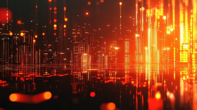 Abstract glowing city displaying digital data flow - Powered by Adobe